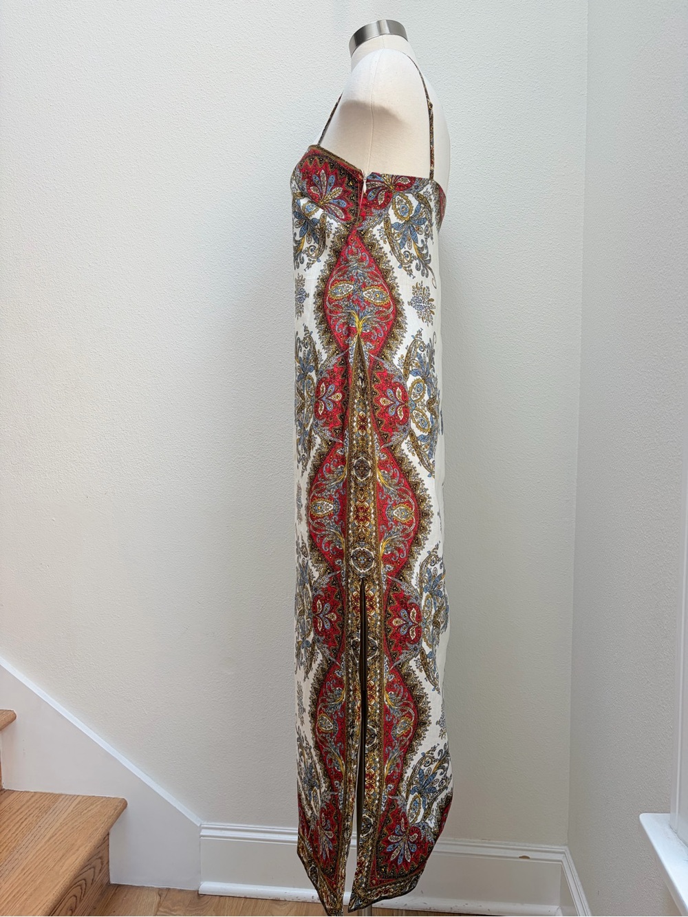 Veronica Beard Maxi Dress Petra Paisley Square Neck Slit Linen Red Blue Size Xs - Picture 4 of 12